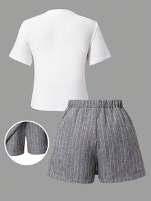 SHEIN 2件組 青少年女孩返校學院風 白色短袖蝴蝶結裝飾T恤與灰色條紋高腰下身 - 彩色 - 查看 2