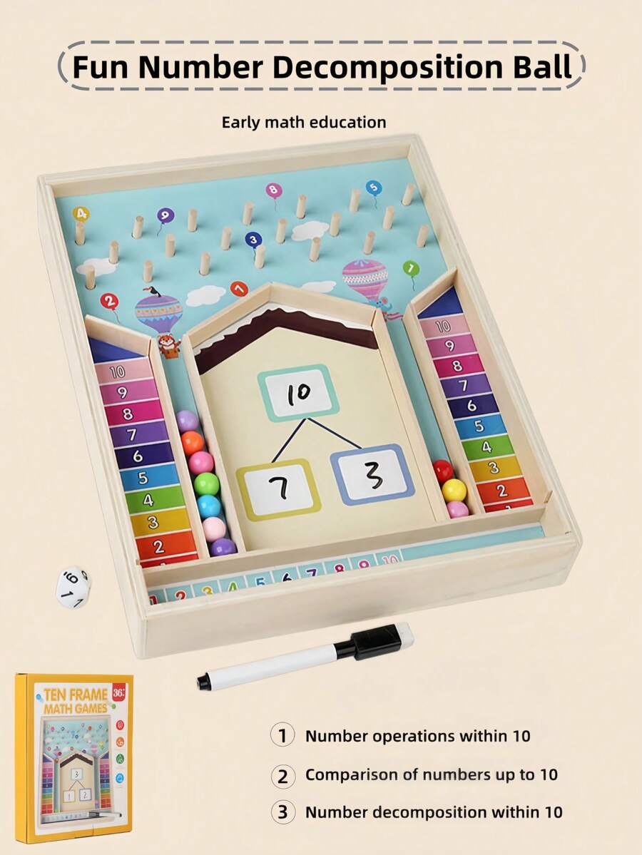 MINKOJA Permainan Matematika Penguraian Angka Bingkai Sepuluh Kayu, Mainan Edukasi Berhitung Dini untuk Anak-Anak dengan Manik-manik, Dadu & Pena yang Dapat Dihapus, Belajar Penjumlahan dan Pengurangan Angka dalam Batas 10, Hadiah Pembelajaran Montessori untuk Balita Usia 3+