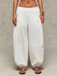 Normani Women's White Balloon Trousers, Low-Rise Harem Pants, Featuring Pleats And Pockets; An Elegant Choice For A Stylish, Casual Summer Look. Vacation - White - View 3