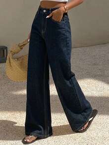 Dazy-Less Women Solid Color Straight Leg Jeans Old Money Old Money Style Business Casual Woman - Dark Wash - View 11