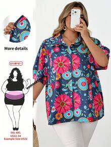 SHEIN CURVE+ 大尺碼女款翻領短袖印花襯衫 - 彩色 - 查看 7