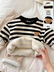 LMoss Kids 男嬰秋冬條紋圓領衛衣與長褲套裝，保暖內裡加厚兩件套 - 卡其色 - 查看 1