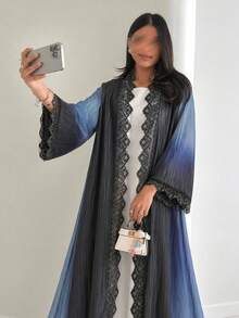 Yasveil 女款梭織數位定位印花長袖黑色蕾絲飾邊保守優雅阿巴亞長袍 - 彩色 - 查看 5