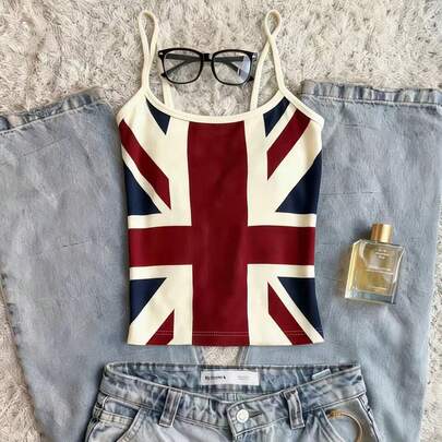 Women's UK Union Jack Printed Ribbed Camisole,Navy Blue Sum…