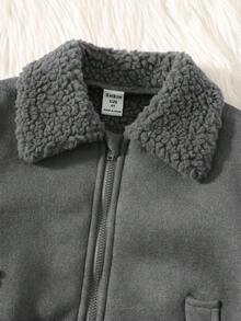 SHEIN 兒童小男孩純色長袖拉鍊保暖外套，適合秋冬穿著 - 灰色 - 查看 3