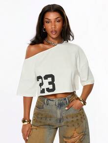 ROMWE Camiseta Oversized Casual Streetwear Estilo Callejero para Mujer con Gráfico del Número 23 Vuelta al Cole Uso Diario Estudiante Blanco y Negro Verano Escuela - Blanco - Ver 5