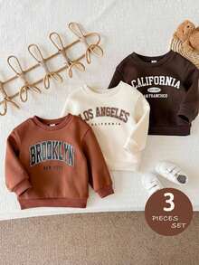 SHEIN Baby Girl Knitted Letter Pattern Crew Neck Casual Sweatshirt 3-Piece Set - Multicolor - View 3