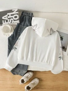 返校季大女孩白色花卉仿刺繡蝴蝶結裝飾針織連帽拉鍊外套 - 白色 - 查看 2