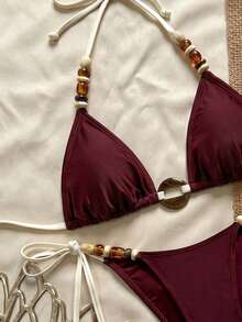 Swim Basics 女款純色串珠環飾掛脖綁帶性感比基尼兩件式泳衣套裝，白色紮染，適合海灘度假夏季 - 黑色 - 查看 1