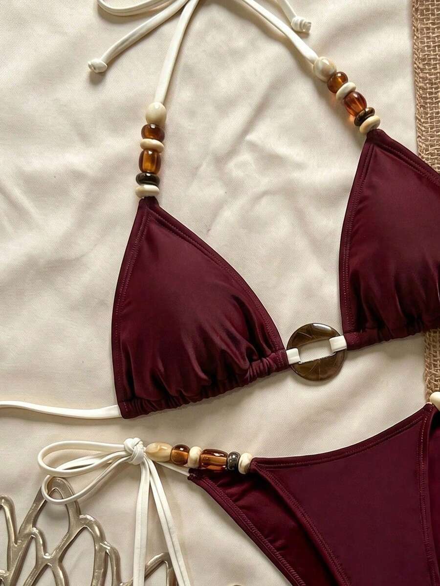 Swim Basics 女款純色串珠環飾掛脖綁帶性感比基尼兩件式泳衣套裝,白色紮染,適合海灘度假夏季 - 黑色 - 查看 1