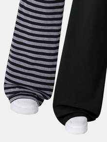 Tween Girls High Waist 2pcs/Set Big Winter New Casual Uniform Baggy Minimalist Knitted Fitted Straight Leg Long Pants, Versatile For School Grey Black - Black - View 5