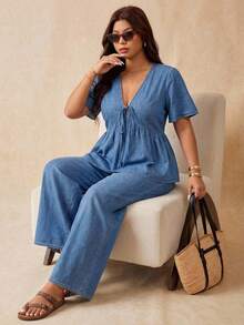 Elaquor Plus Size Women's Front Tie Short Sleeve Top And Pants Casual Denim Two Pieces Set - White - View 4