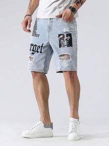 Manfinity Roughcore Men's Plus Size Letter Print Distressed Denim Shorts - Light Wash - View 4
