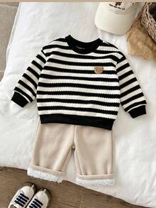 LMoss Kids 男嬰秋冬條紋圓領衛衣與長褲套裝，保暖內裡加厚兩件套 - 卡其色 - 查看 6