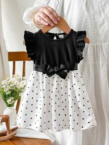 SHEIN Playful Pals Infant Girls Casual Daily All-Match Versatile Cute Butterfly Print Dress With Waist Belt Suitable For Outings - Black and White - View 8
