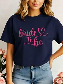 SHEIN LUNE Braut zu Sein Slogan Lässiges Loose Fit Rundhals Kurzarm T-Shirt, Große Größen, Hochzeitssaison - marineblau - Übersicht 1