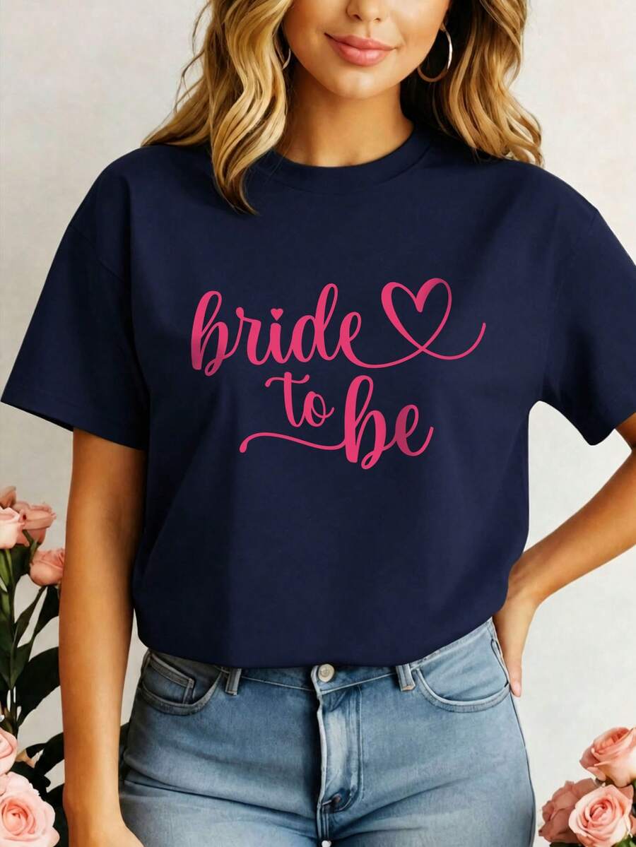 SHEIN LUNE Braut zu Sein Slogan Lässiges Loose Fit Rundhals Kurzarm T-Shirt, Große Größen, Hochzeitssaison - marineblau - Übersicht 1