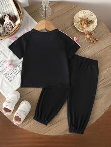 SHEIN 2件組粉色條紋女嬰春季套裝，可愛夏季度假運動休閒穿搭 - 黑色 - 查看 2