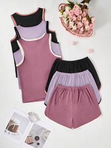 Snug Zone 女款對比滾邊休閒背心與短褲家居服套裝，3件套，多色可選 - 彩色 - 查看 2