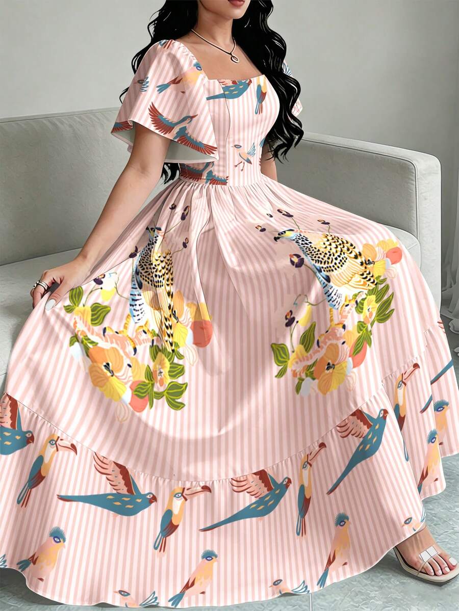 Modelyn 女款優雅波西米亞熱帶植物與鸚鵡印花長洋裝,時尚方領大喇叭袖下擺荷葉邊粉色花卉長裙 - 彩色 - 查看 1