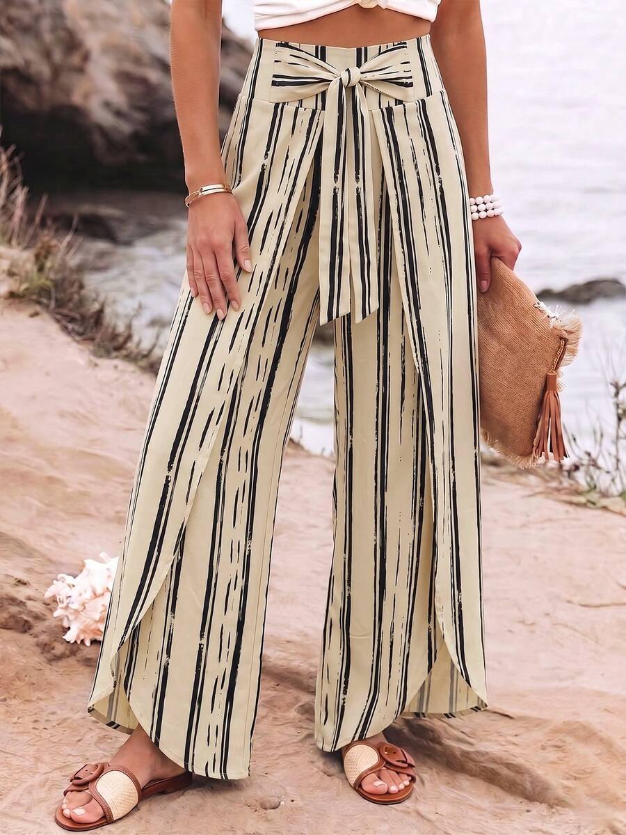 SHEIN Holidaya 女款時尚塗鴉條紋腰部休閒夏季度假居家日常穿著海灘外出時尚設計抽繩側開衩寬腿長褲 - 杏色 - 查看 1