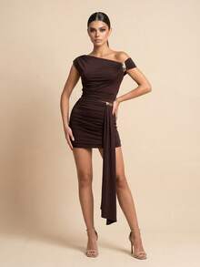 QUIZ Dark Brown Low Rise Ruched Mini Skirt With Side Tie Detail And Hardware Accent Bodycon For Women Y2K Sexy Party Night Summer Outfits Holiday - Brown - View 3
