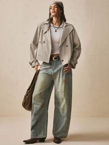 Freevana French Minimalist Style | Light Khaki Classic Lapel Short Trench Coat - Effortless Chic Double-Breasted Loose Jacket Fall - Khaki - View 7