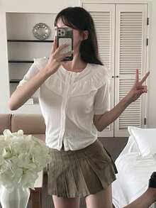DAZY 女款夏季休閒純色荷葉邊前開扣T恤 - 白色 - 查看 3