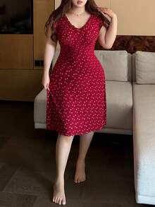 Dazy Plus Plus Size Elastic Fitted Minimalist Sexy Elegant Frill Trim Ditsy Floral All-Over Short Red Spring/Summer Sleeveless Nightgown Pajamas - Burgundy - View 2