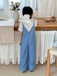 SHEIN Little Byeori 女童深藍色牛仔寬鬆連身褲 - 淺色水洗藍 - 查看 2