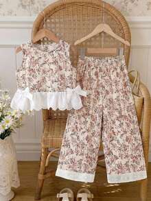 SHEIN Girls' Light Apricot & Soft Pink Floral 2-Piece Set, Sleeveless Floral Top With Hollow Lace Ruffle & Bow Design Paired With White Lace Long Pants, Fresh Pastoral Style Children's Outfit, Sweet & Fresh Style Suitable For Summer Daily Outings And Casual Wear - Apricot - View 1