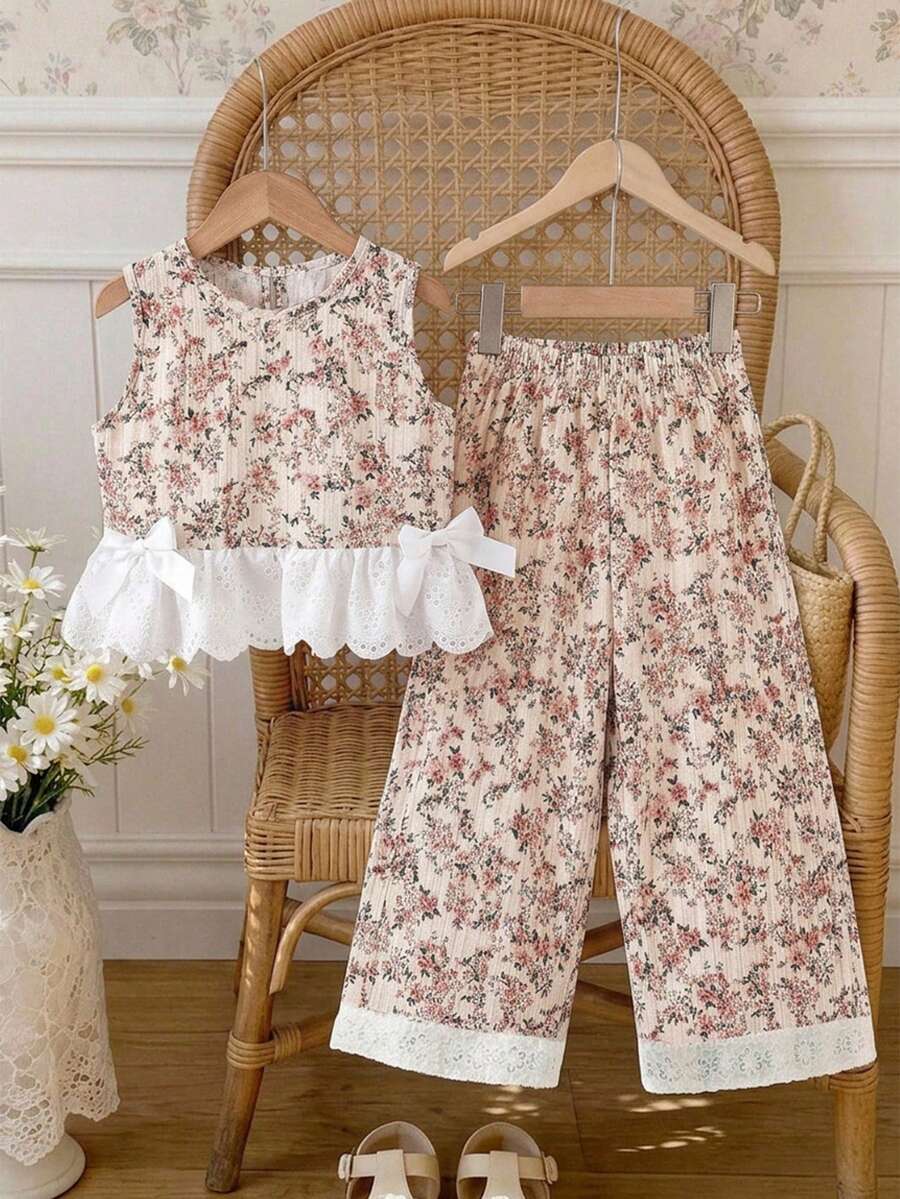 SHEIN Girls' Light Apricot & Soft Pink Floral 2-Piece Set, Sleeveless Floral Top With Hollow Lace Ruffle & Bow Design Paired With White Lace Long Pants, Fresh Pastoral Style Children's Outfit, Sweet & Fresh Style Suitable For Summer Daily Outings And Casual Wear - Apricot - View 1