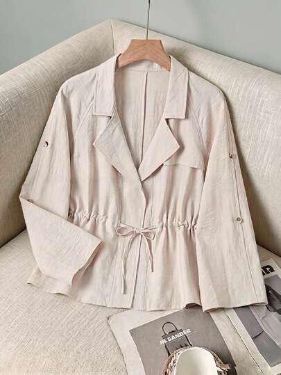 Rusticease Women's Solid Color Lapel NeckRaglan Sleeve Waist Tie Casual Trench Coat