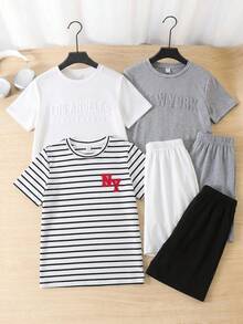 SHEIN 6件組青少年男孩休閒寬鬆字母圖案圓領T恤與短褲套裝 - 黑與白 - 查看 4
