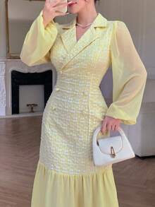 Modelyn Elegant Romantic Double-Breasted Lapel Collar Chiffon Patchwork Yellow Jacquard Dress Tea Party Summer - Yellow - View 6