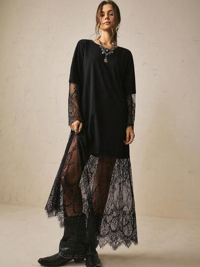 Freevana Women's Solid Color Lace Patchwork Dress Dinner Black Autumn Elegant Graduation Dresses  Country Concert Outfit  Elegant Dresses Going Out  Fall