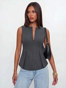 Avantive Women's Solid Color Zipper Front Pleated Tank Top For Daily Wear And Vacation - Dark Grey - View 8