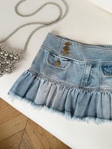 SHEIN Women's Ultra Low Waist Denim Mini Skirt - Blue - View 3