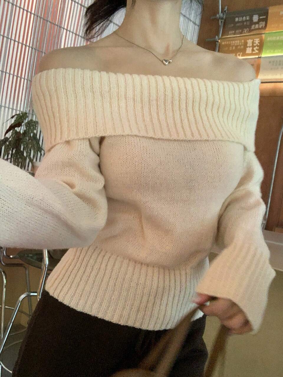 Women's Solid Color Off-Shoulder Casual Versatile Daily Long Sleeve Sweater Fall