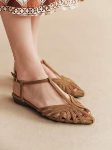 Rosivie Sandalias planas de mujer Camel con tejido T, punta esmerilada, estilo bohemio, para vacaciones y uso diario - Caqui - Ver 10