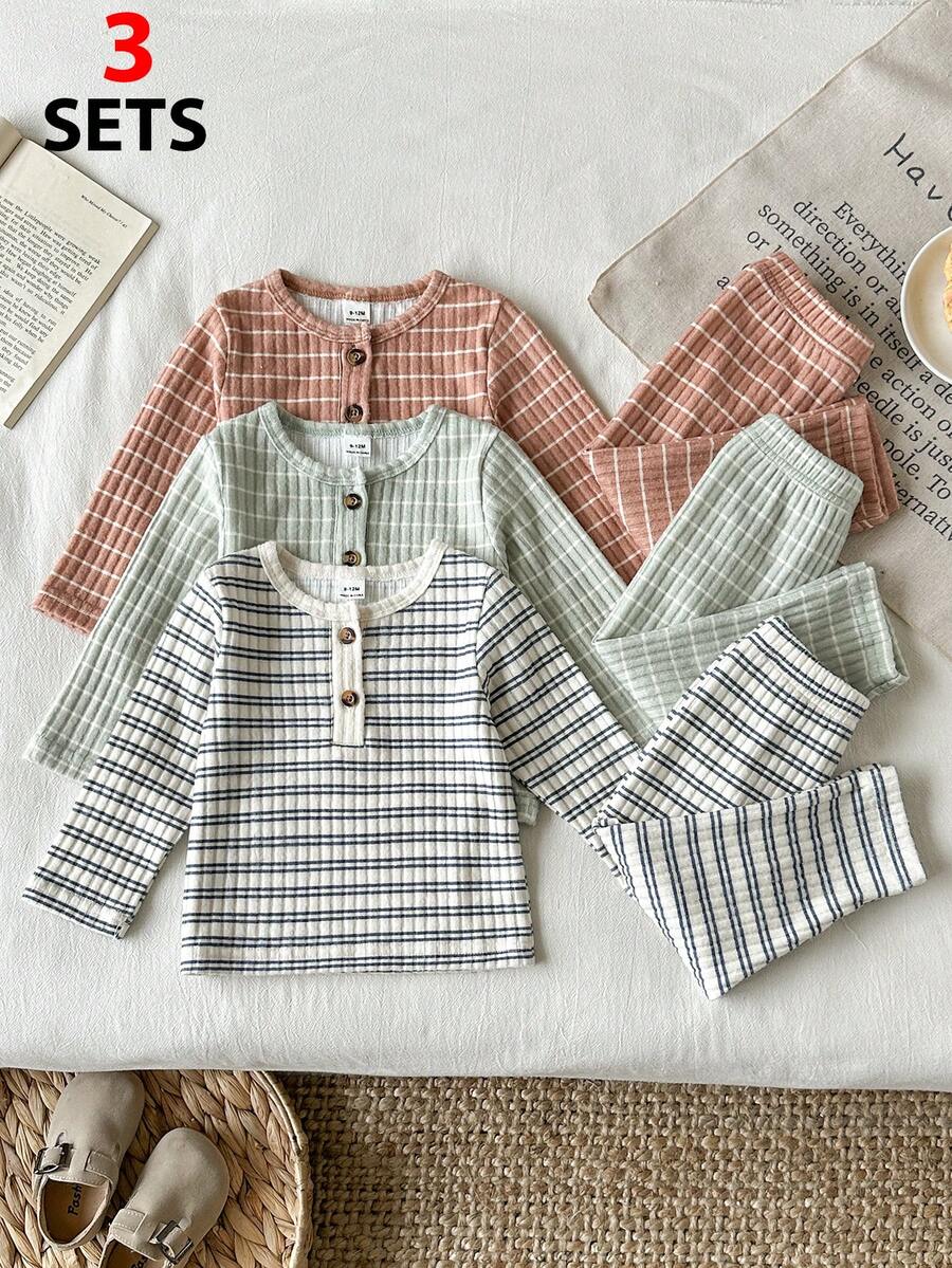SHEIN Vintaside Kids 3件組女嬰可愛粉色秋季羅紋針織豹紋貓臉圖案上衣與長褲套裝 - 彩色 - 查看 1