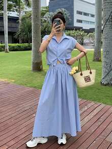 DAZY 女士纯色短款衬衫和裙子两件套家居服套装 - 藍色 - 查看 12