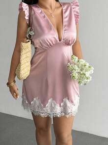 Sunnyshic Plus Size Summer Elegant Lace Patchwork Dress - Pink - View 3