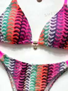 SHEIN Swim Chicsea 26SS 春夏度假海灘派對 BOHO 風輕盈性感熱帶編織亮粉色比基尼泳衣附褲子 3 件套 - 彩色 - 查看 6