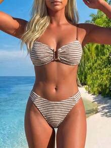 Swim Lushoire 春夏流行女款條紋布料兩件式比基尼性感沙灘套裝 - 咖啡棕 - 查看 1