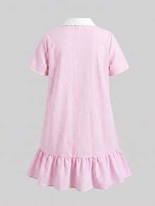 SHEIN Tween女孩休閒舒適立領拼接撞色羅紋純色洋裝，返校公主裙，適合畢業派對、生日派對，Y2K時尚街頭風，甜酷女孩風 - 粉色 - 查看 2