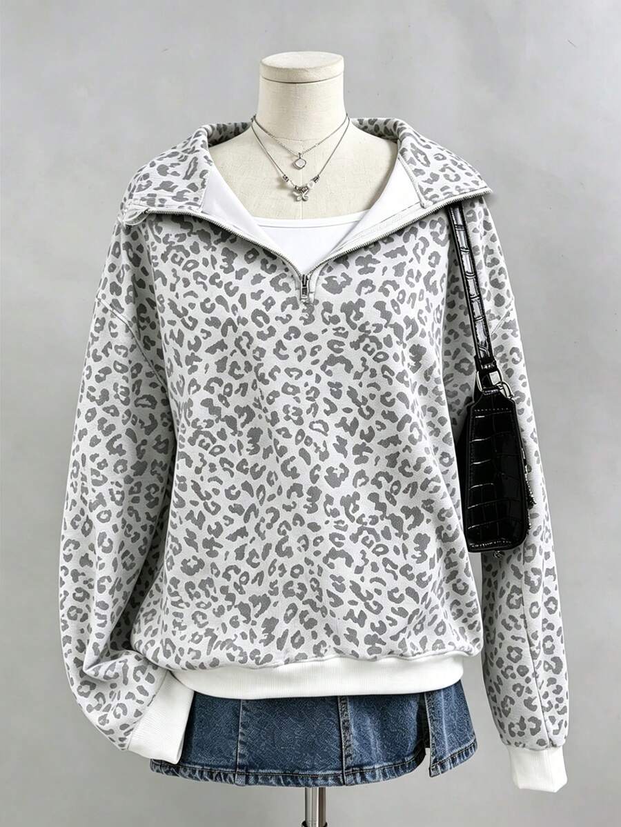 SHEIN Sweet & Cool Grey Leopard Print Half-Zip Sweatshirt, American Vintage Student Style, Loose & Slouchy Fit, Suitable For Girls & Women, Personalized Leopard Print Top, Spring/Autumn/Winter Outfit - Multicolor - View 1