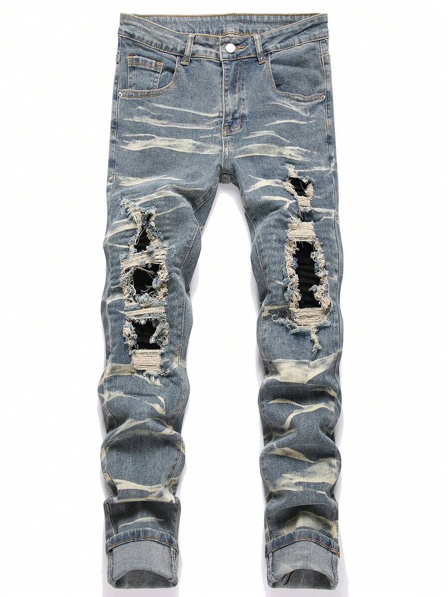 Manfinity Roughcore Men's Fashion Versatile Pocket Button Distressed Denim Jeans - Light Wash - View 1