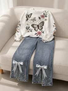 SHEIN Tween Girls 2pcs/Set White Soft Style Pearl Butterfly Print Sweatshirt & Split Hem Pearl, Fall, Back To School, Casual, Minimalist, Warmth, Jeans Suit - Multicolor - View 4
