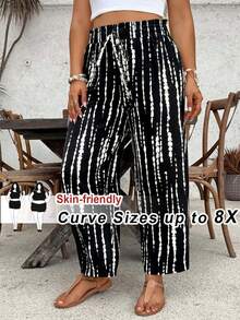 SHEIN CURVE+ 大尺碼休閒條紋印花度假長褲 - 彩色 - 查看 7